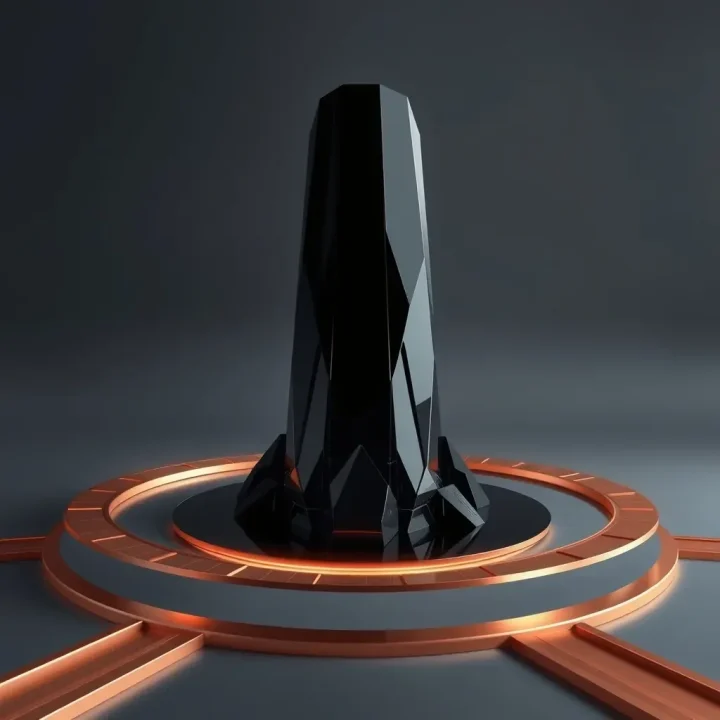 A central dark obsidian glass monolith representing massive AI architecture, surrounded by glowing copper metallic circuits on a dark grey background.