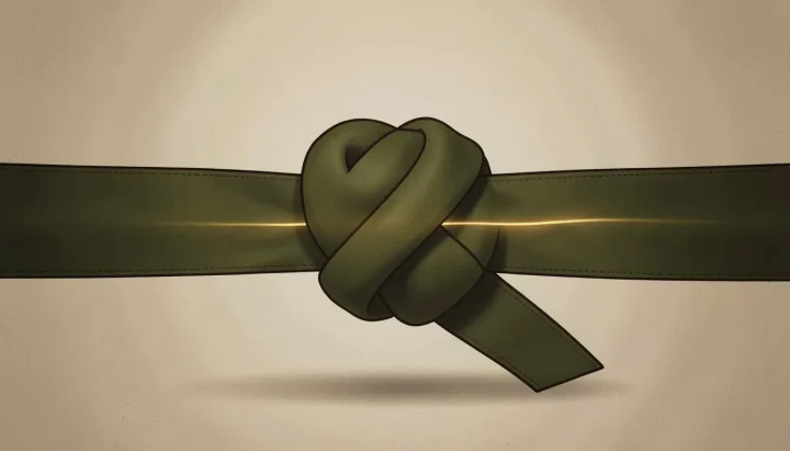 Uma ilustração editorial destacando uma faixa verde-oliva atada com um fio dourado reluzente, simbolizando a construção da paz inter-religiosa.