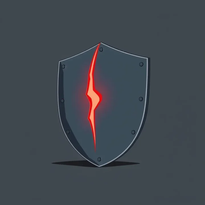 Editorial illustration depicting a heavy metal shield featuring a bright red fracture in the center against a dark slate backdrop.