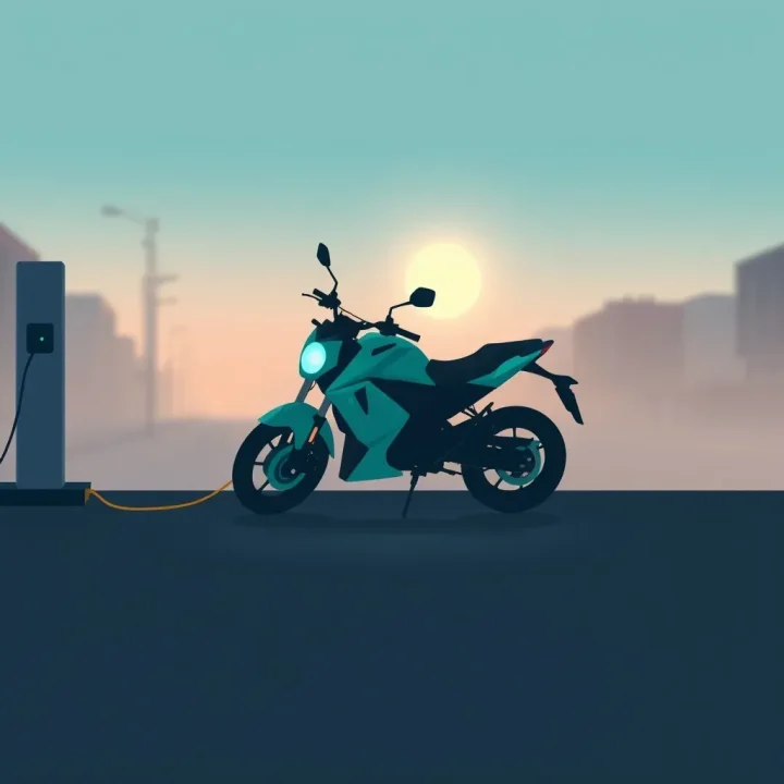 Une élégante silhouette de moto électrique vert d'eau reliée par un cordon en cuivre à une borne de recharge dans un paysage urbain nocturne.