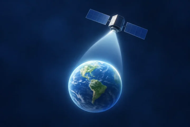 Un satélite compacto proyecta un suave arco de luz sobre una pequeña Tierra verde y azul, ante un fondo azul marino ligeramente desenfocado.