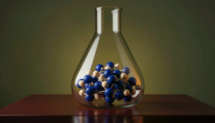 Eine redaktionelle Illustration, die hölzerne Atommodelle in einem großen, beleuchteten Messkolben aus Glas auf einer Werkbank aus Mahagoni zeigt.