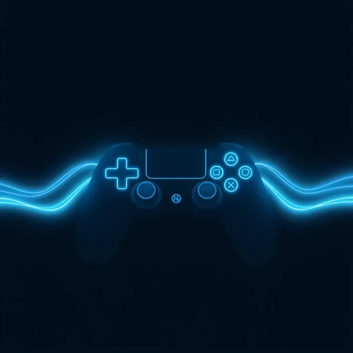 Une illustration numérique minimaliste montrant des lignes ondulées lumineuses convergeant vers la silhouette d'une manette de jeu sur un fond sombre.