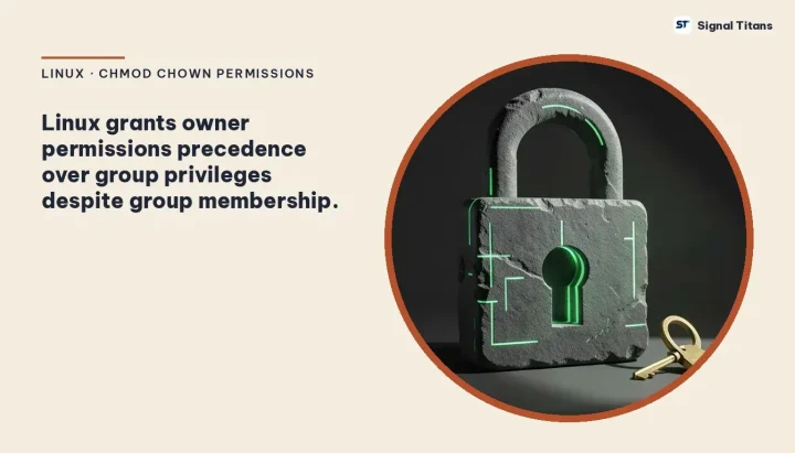 Linux · Chmod Chown Permissions: Linux grants owner permissions precedence over group privileges despite group membership.
