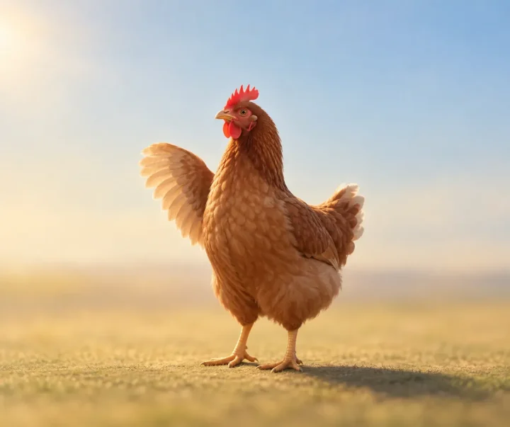 A minimalist illustration of a stylized chicken standing upright in a soft-focus field, evoking the whimsical tone of the Fable reboot.