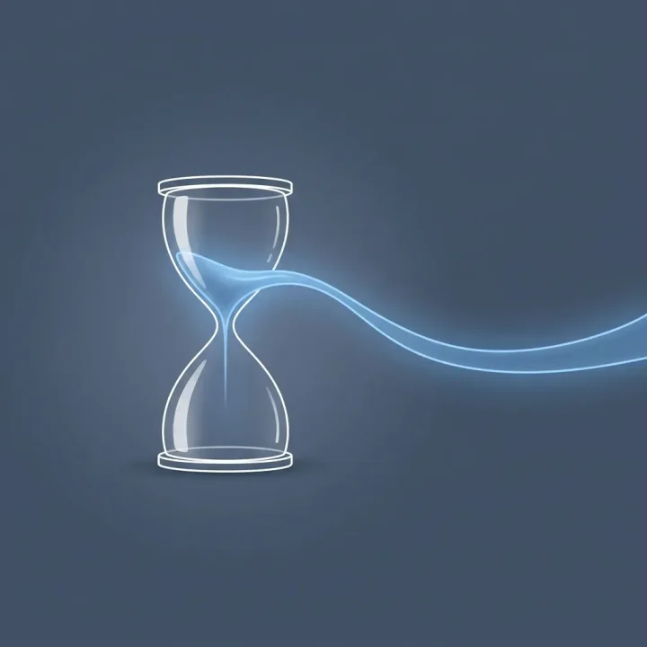 Editorial illustration featuring an hourglass glowing and flowing into a smooth stream against a dark slate backdrop.