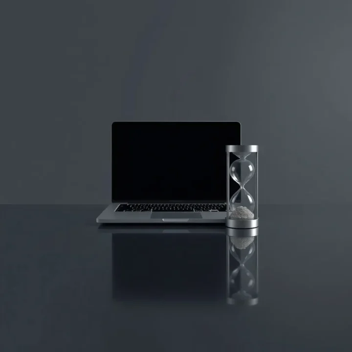 An open laptop next to a metallic circuit-patterned hourglass on a dark reflective surface.