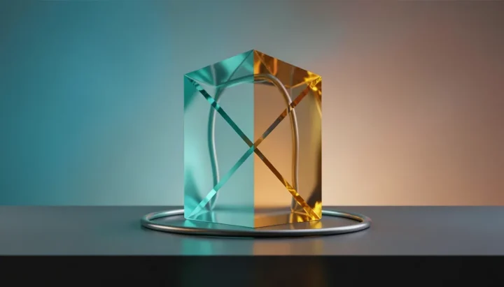 Eine redaktionelle Illustration eines Dual-Core-Prismas auf einer dunklen Schieferoberfläche, das in mattiertes tealblaues Glas und warmen Bernsteinkristall unterteilt ist.