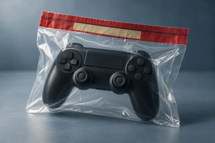 Um controle de videogame preto envolto em um selo abstrato e transparente de evidência legal sobre uma superfície azul-acinzentada discreta.