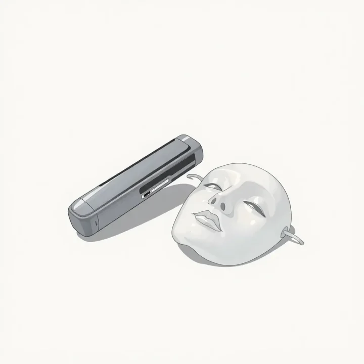 Un outil numérique métallique épuré posé à côté d'un masque humain en porcelaine détaché sur une surface neutre.
