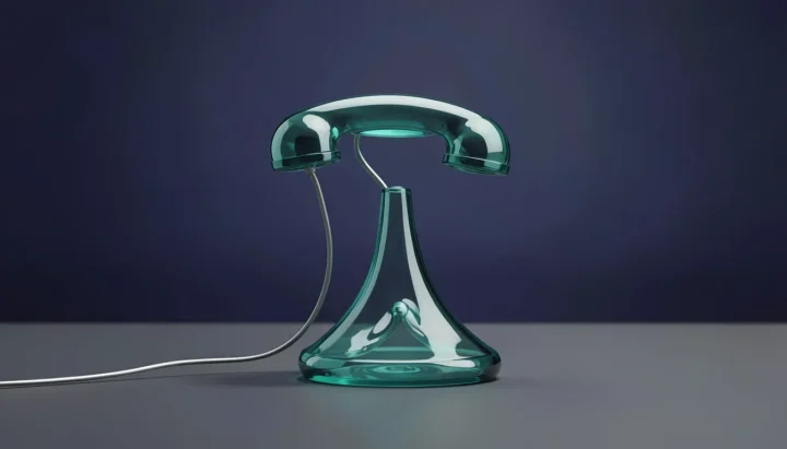 Un combiné téléphonique en verre vert-bleu translucide se divisant en deux branches sur une surface en ardoise, sous un éclairage indigo.