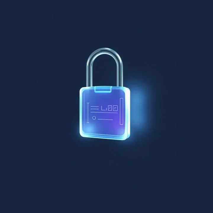 Une étiquette numérique en verre lumineux reliée à un cadenas métallique sur un fond sombre.