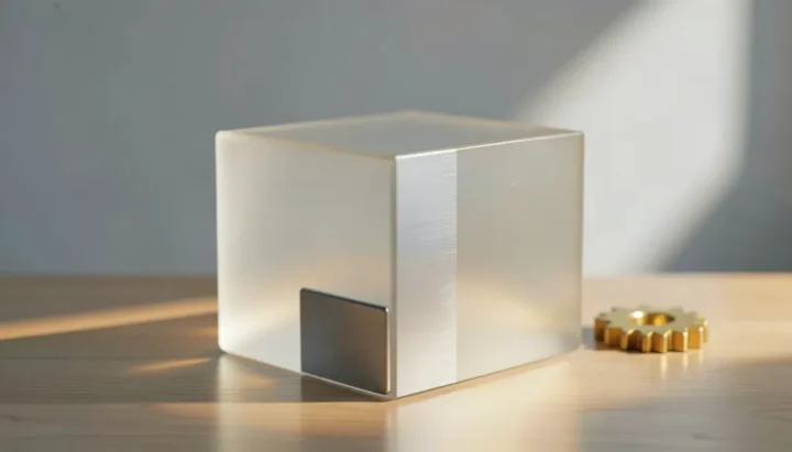A wide editorial illustration featuring a large frosted glass and aluminum puzzle cube on a wooden table with a single brass gear in the blurred background under warm side lighting.