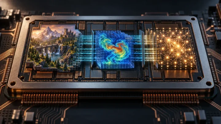 Un processeur graphique détaillé se transforme, passant d’un paysage coloré de jeu vidéo à une simulation scientifique puis à un réseau neuronal lumineux, le tout relié par des flux de calcul parallèle.