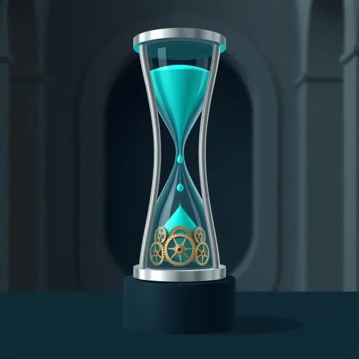 Illustration éditoriale d'un sablier métallique en acier argenté poli posé sur un socle en ardoise sombre, avec un fluide turquoise lumineux qui s'écoule dans des engrenages en laiton sur un fond bleu marine profond.