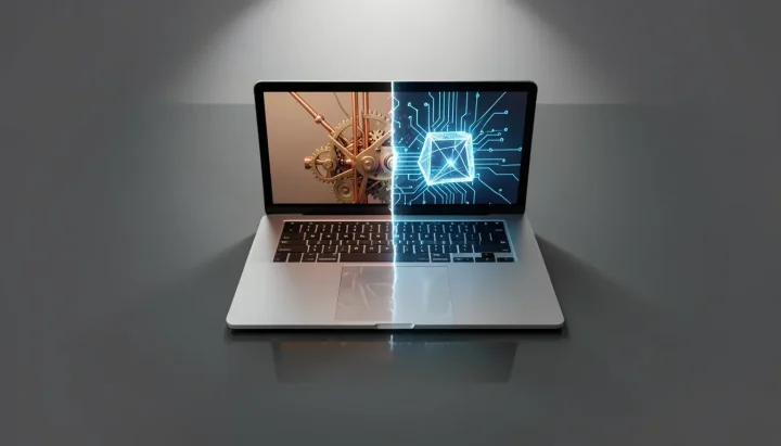 An editorial illustration of an open metallic laptop on a glass desk, featuring a split screen displaying two contrasting abstract electronic engine structures in copper and blue light.