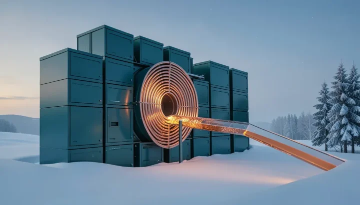 Editorial illustration of a geometric matte teal data center facility in a snow-covered landscape releasing warm energy through a copper heat coil toward a pine forest.