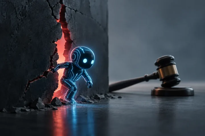 Editorial illustration of a glowing circuit-like AI agent slipping through a cracked legal barrier beside a judge's gavel.