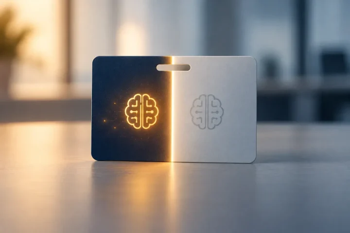 Redaktionelle Illustration einer Büro-Zugangskarte, die in eine beleuchtete Seite als Symbol für KI-Zugang und eine gedämpfte Seite als Symbol für eingeschränkten Zugang am Arbeitsplatz geteilt ist.