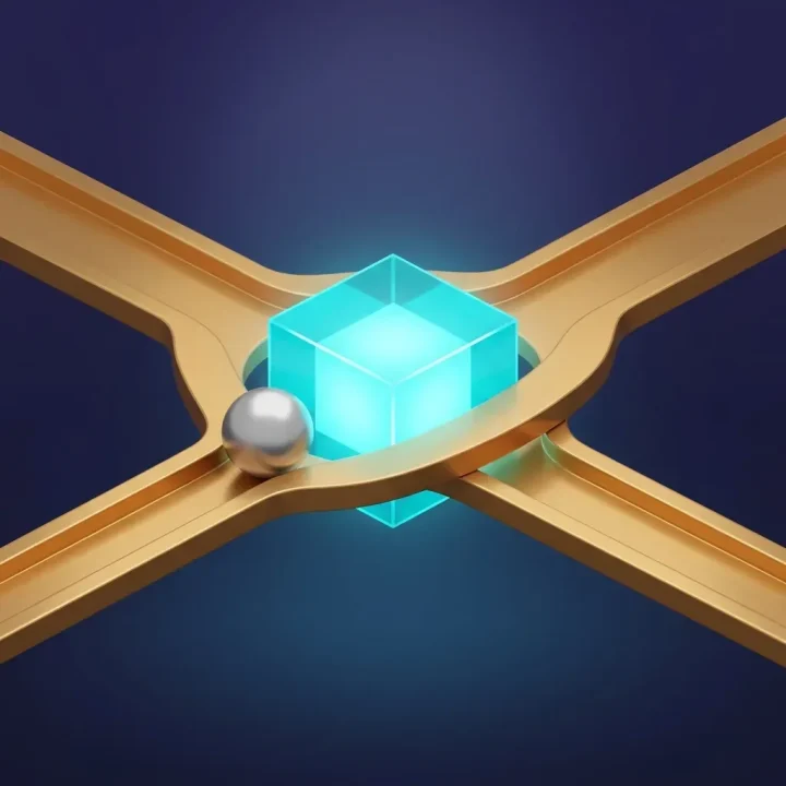 Eine leuchtend cyanfarbene prismatische Box im Zentrum an der Kreuzung dreier goldener Metallschienen, während eine glatte silberne Kugel auf einer Schiene vor einem dunklen indigoblauen Hintergrund gleitet.