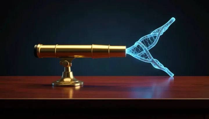 Ein poliertes Messingteleskop auf einem Mahagonitisch, das auf eine leuchtend blaue molekulare Doppelhelix-Struktur gerichtet ist.