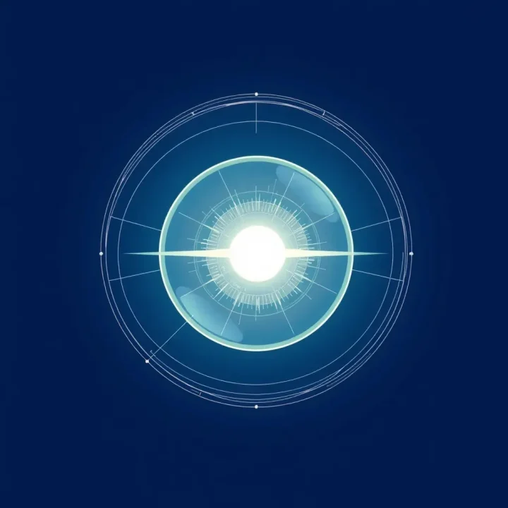 Minimalist vector illustration of a glowing cyan plasma sphere held inside a subtle geometric wireframe against a dark indigo background.