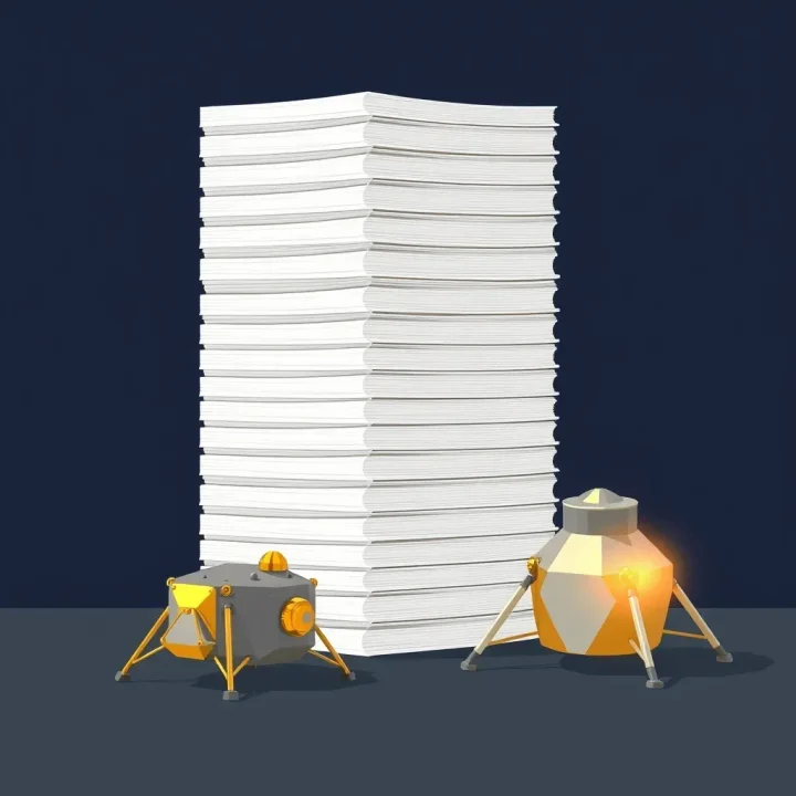 Ein riesiger Stapel aus gedruckten Papierhandbüchern steht in der Mitte neben einer goldenen und metallischen Mondlandefähre vor einem dunkelblauen Hintergrund.