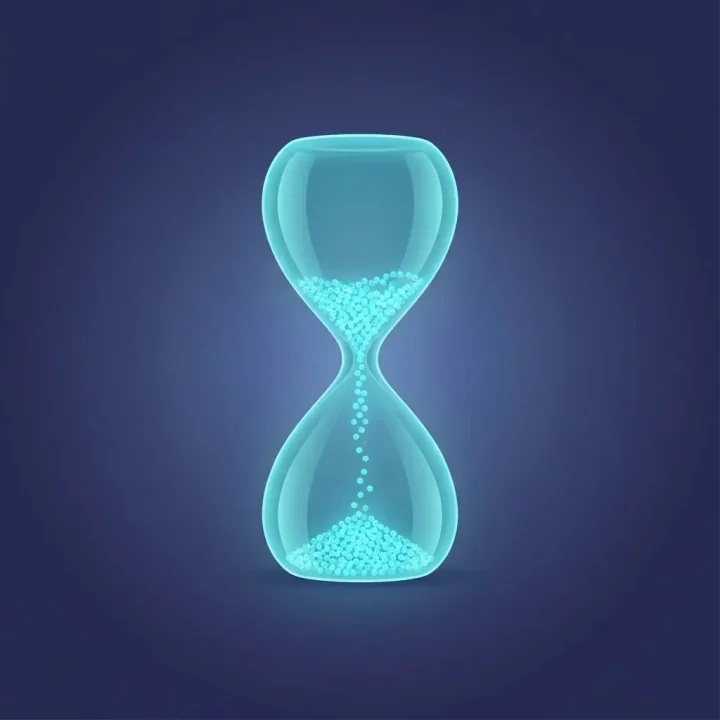 An editorial illustration featuring a sleek cyan glass hourglass filled with glowing beads set on a dark blue circuit board platform.