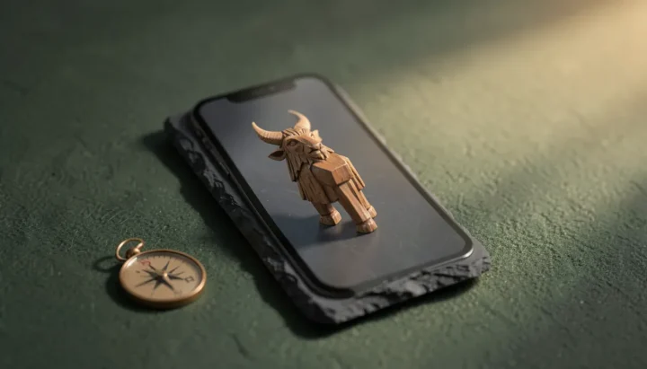 A dark slate smartphone displaying a wooden horned beast figurine rests on a green felt surface alongside a bronze compass.