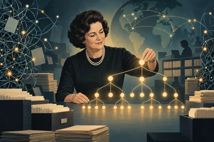Editorial illustration of Elizabeth “Jake” Feinler organizing a luminous network, with tangled signals becoming a clear branching system around her.