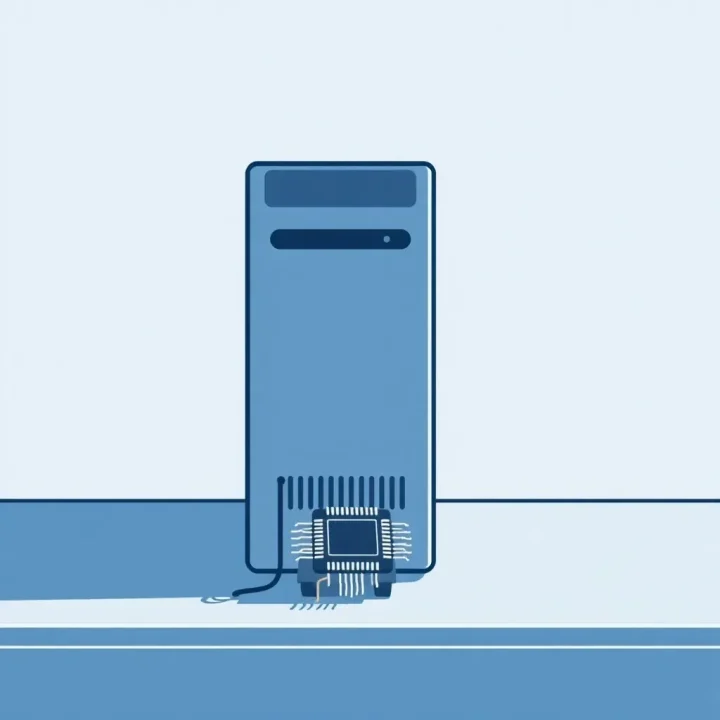 Ilustración vectorial de una torre de computadora de 64 bits proyectando su sombra sobre un pequeño microchip de 32 bits en una mesa de trabajo azul pizarra.