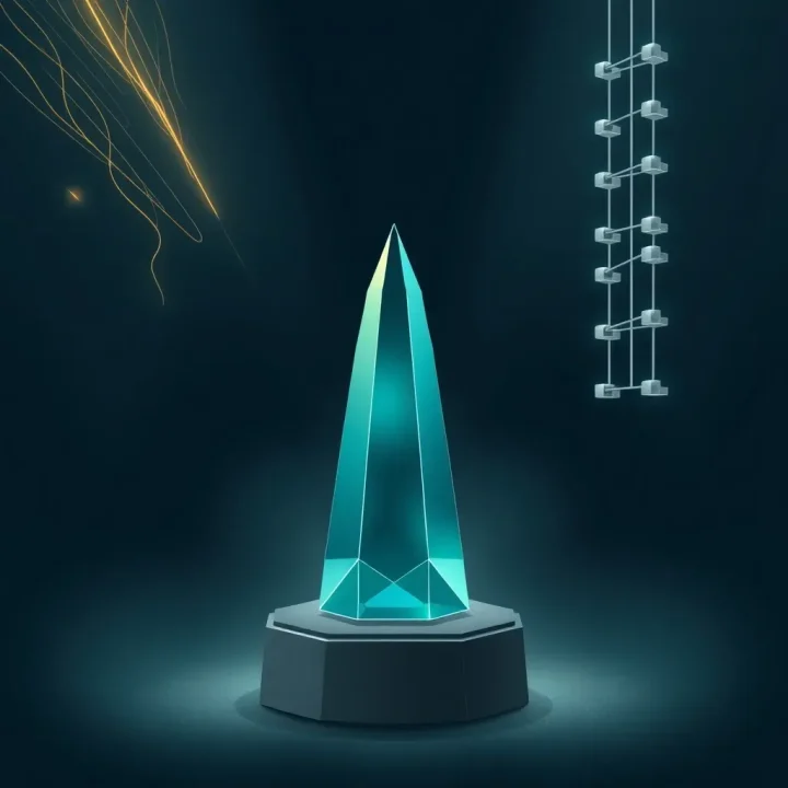 A central translucent teal glass prism atop a dark grey pedestal absorbs fine gold threads on the left and projects solid silver beam structures to the right against a deep navy backdrop.