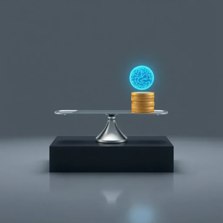 A minimalist editorial illustration of a metallic balance scale weighing a glowing blue AI sphere against a stack of gold coins.