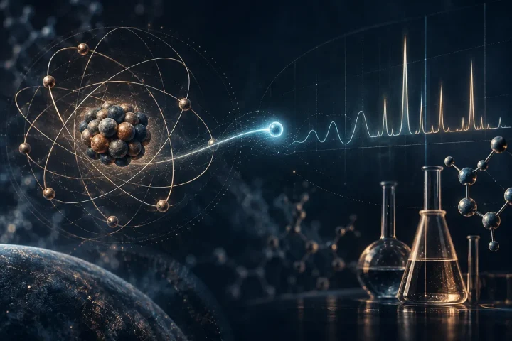 Un électron lumineux émerge d’un ancien modèle atomique, tandis que de délicates lignes orbitales se fondent dans des tracés de mesures expérimentales sur un fond bleu nuit.