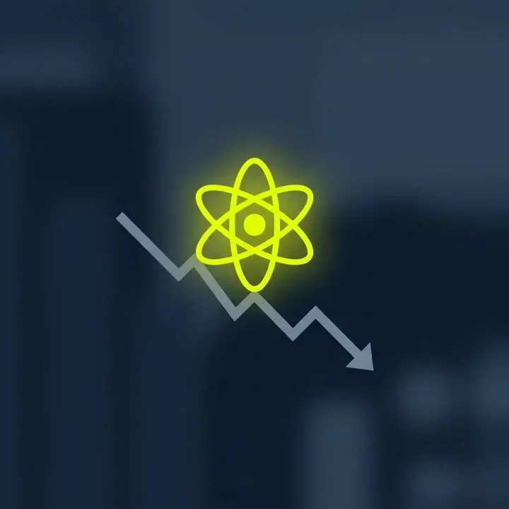 Un symbole atomique jaune brillant reposant sur un graphique linéaire gris descendant sur un fond bleu marine.