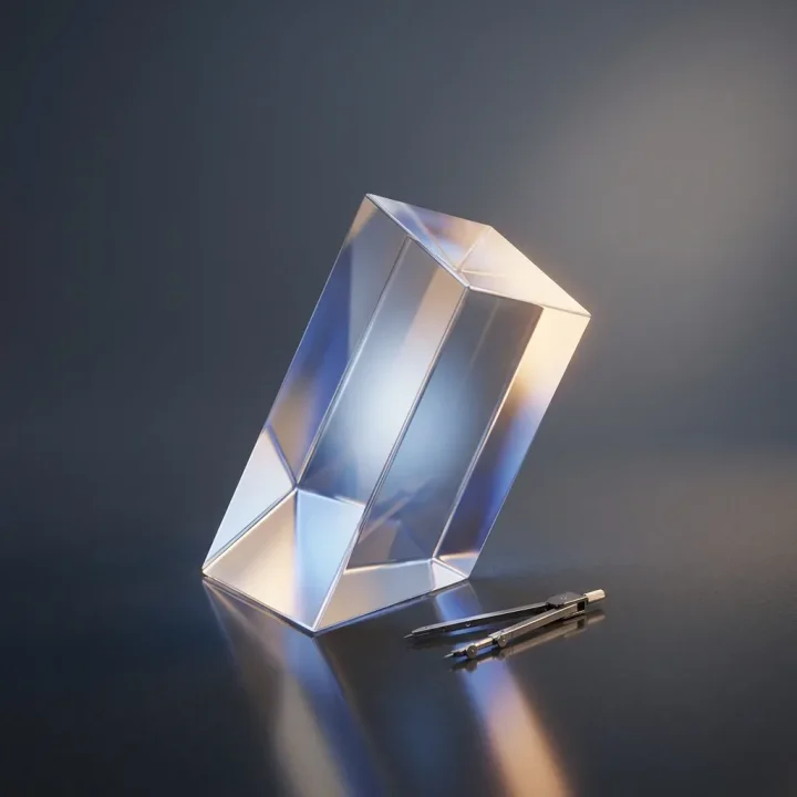 An editorial illustration featuring a glass prism and fine drafting tools on a polished dark surface.