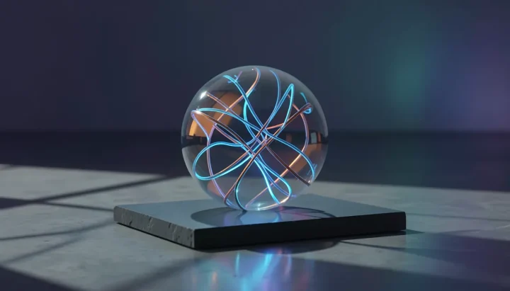 Eine zentrale, transparente Glaskugel mit leuchtenden blauen Kupferdrähten liegt auf einer dunklen Schieferplattform auf einem polierten Betonboden.