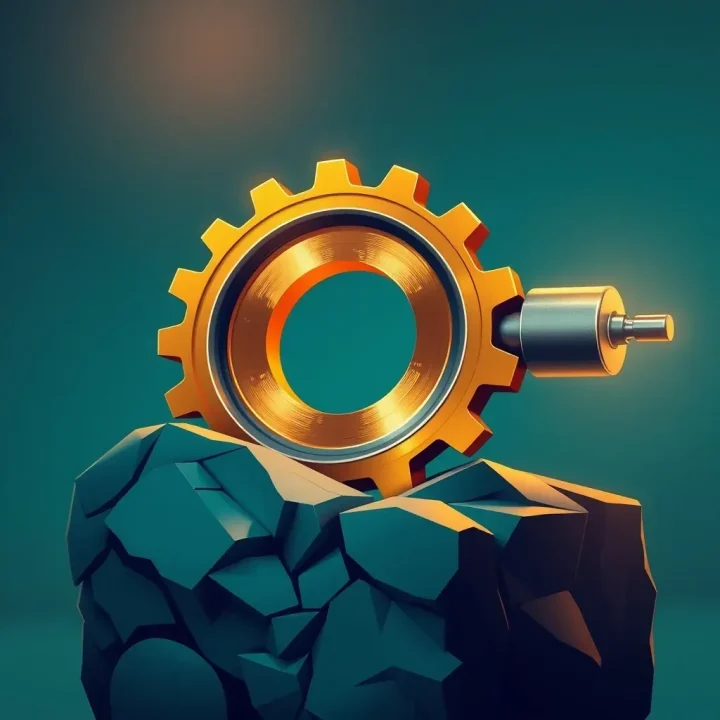 Editorial illustration depicting a central glowing golden gear engaged by a sleek silver mechanical lever against a dark teal background.