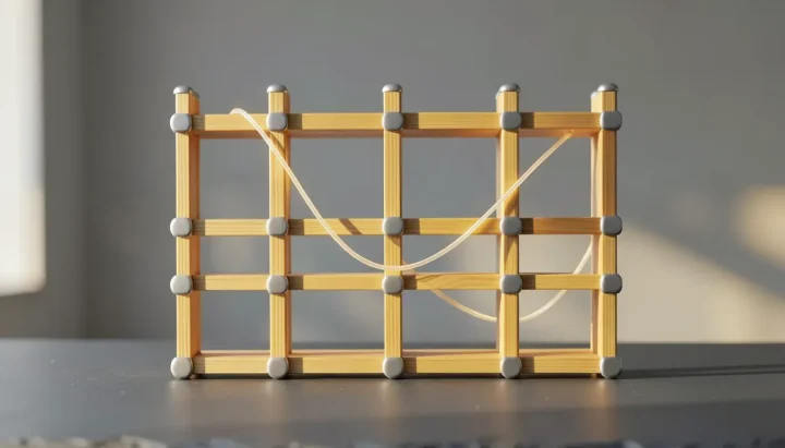 A sculptural wooden storefront lattice made of hinoki wood and silver nodes with a glowing fiber-optic thread on a slate surface.