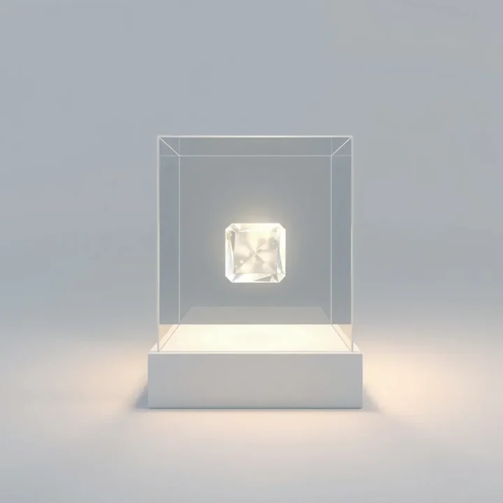 A glowing crystal cube safely enclosed inside a clear glass display case on a neutral surface.