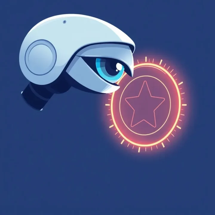 Una ilustración conceptual y minimalista de un ojo robótico inspeccionando un sello digital de aprobación brillante sobre un fondo oscuro.