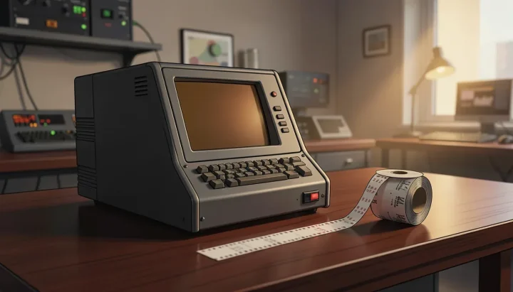 Una detallada terminal de computadora antigua con pantalla ámbar sobre un banco de trabajo de caoba oscura, junto a una cinta de papel perforado.