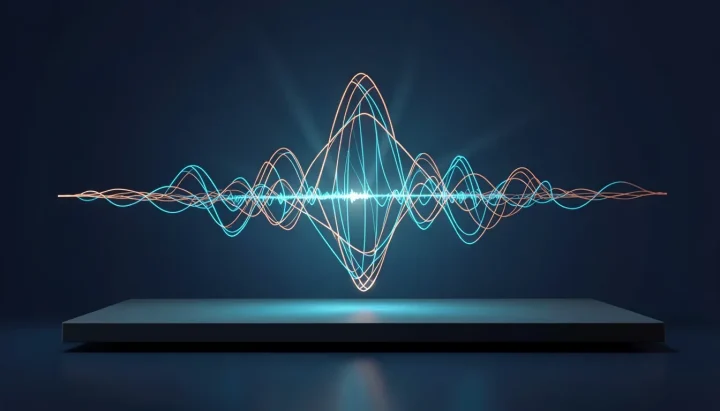 An editorial illustration of a glowing soundwave made of copper wire and blue glass floating over a dark slate surface against a deep navy background.