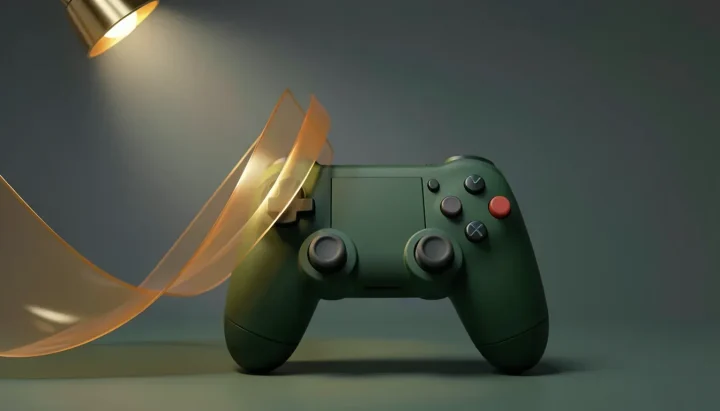 Ilustración editorial de un mando de videojuegos verde mate que se desenrolla en una cinta de película ámbar bajo una luz cálida.