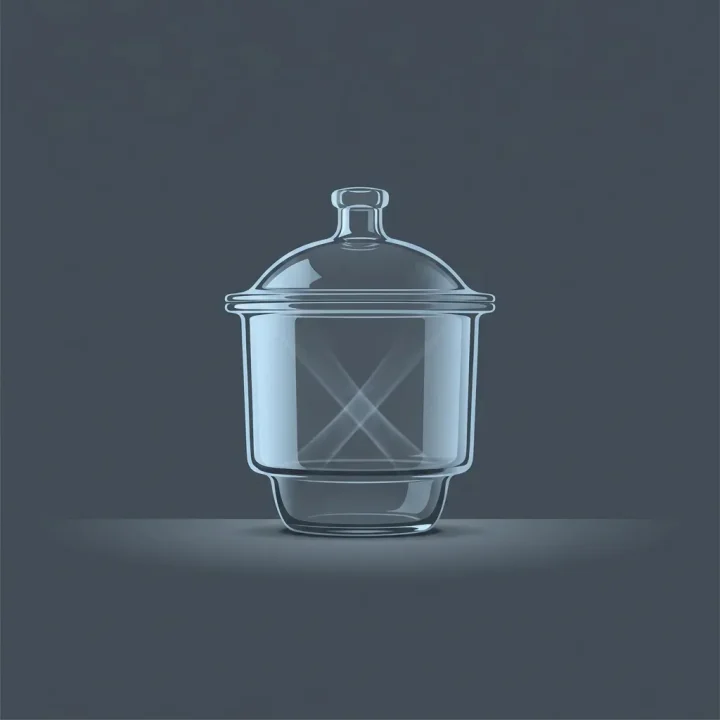 A minimalist illustration of a glass laboratory desiccator jar against a dark slate background, casting a subtle X-shaped diffraction shadow inside.