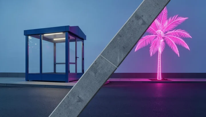 Ilustração editorial que retrata uma divisória diagonal de granito separando um pavilhão de transporte público azul e limpo de palmeiras em neon rosa vibrante sobre asfalto escuro ao anoitecer.