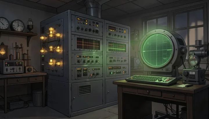 Un laboratorio de computación antiguo de la década de 1950 con armarios de tubos de vacío brillantes y una pantalla circular de rayos catódicos sobre una consola de control de madera oscura.