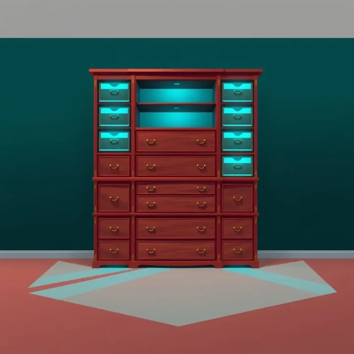 A grand wooden cabinet with open drawers emitting cyan light in a minimal dark room.