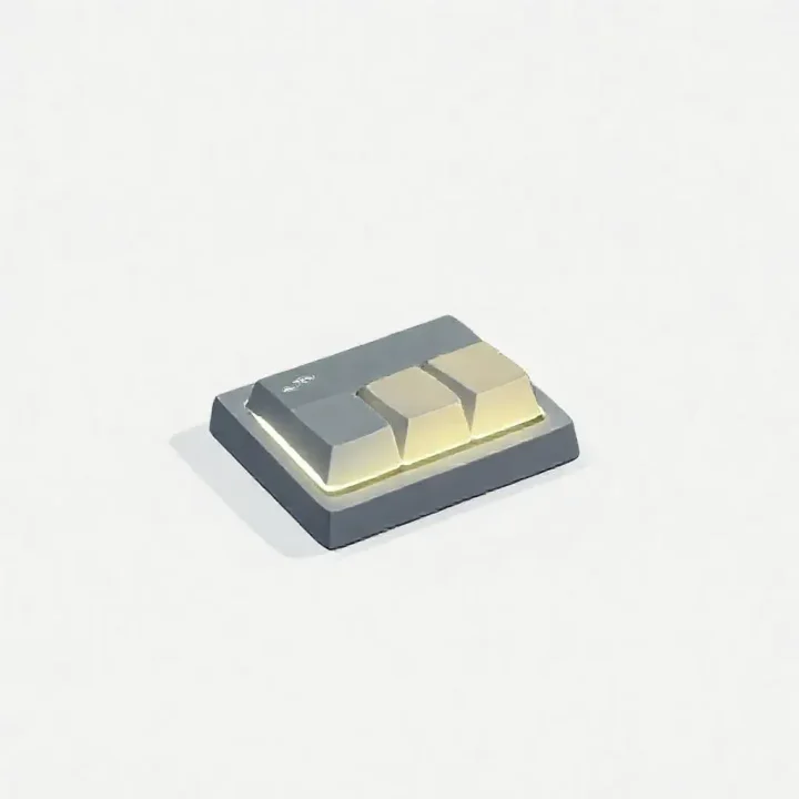 Eine minimalistische redaktionelle Illustration, die geometrische Blöcke zeigt, die verschmelzen und sich in eine leuchtende Tastaturtaste einfügen.