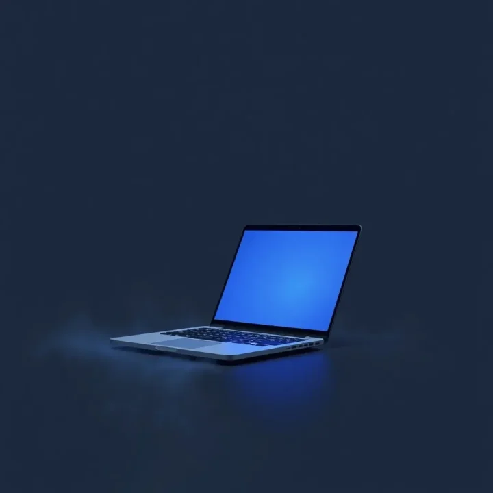 An open, durable laptop standing on a reflective surface with subtle blue light glowing from its keyboard and display.